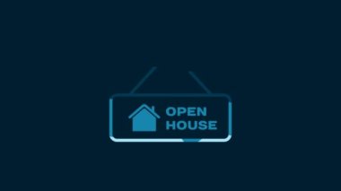 White Hanging sign with text Open house icon isolated on blue background. Signboard with text Open house. 4K Video motion graphic animation.