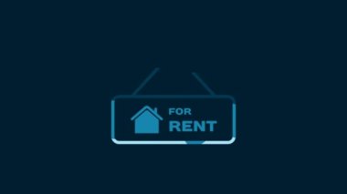White Hanging sign with text For Rent icon isolated on blue background. Signboard with text For Rent. 4K Video motion graphic animation.