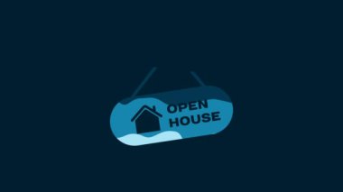 White Hanging sign with text Open house icon isolated on blue background. Signboard with text Open house. 4K Video motion graphic animation.