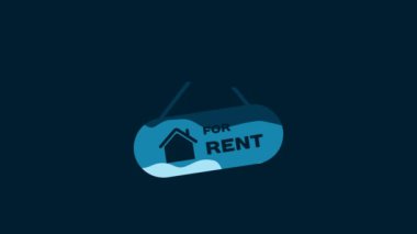 White Hanging sign with text For Rent icon isolated on blue background. Signboard with text For Rent. 4K Video motion graphic animation.