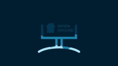 White Hanging sign with text Open house icon isolated on blue background. Signboard with text Open house. 4K Video motion graphic animation.