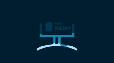 White Hanging sign with text For Rent icon isolated on blue background. Signboard with text For Rent. 4K Video motion graphic animation.