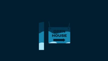 White Hanging sign with text Open house icon isolated on blue background. Signboard with text Open house. 4K Video motion graphic animation.