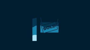 White Hanging sign with text Sold icon isolated on blue background. Sold sticker. Sold signboard. 4K Video motion graphic animation.