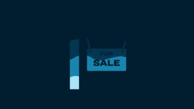 White Hanging sign with text For Sale icon isolated on blue background. Signboard with text For Sale. 4K Video motion graphic animation.