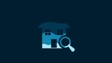 White Search house icon isolated on blue background. Real estate symbol of a house under magnifying glass. 4K Video motion graphic animation.
