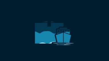 White Cargo ship with boxes delivery service icon isolated on blue background. Delivery, transportation. Freighter with parcels, boxes, goods. 4K Video motion graphic animation.