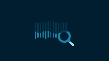 White Search barcode icon isolated on blue background. Magnifying glass searching barcode. Barcode label sticker. Research barcode. 4K Video motion graphic animation.