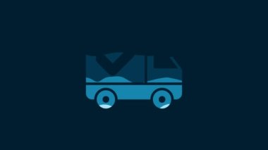 White Delivery truck with check mark icon isolated on blue background. 4K Video motion graphic animation.
