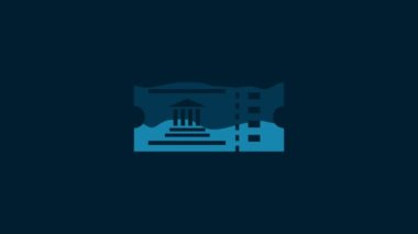 White Museum ticket icon isolated on blue background. History museum ticket coupon event admit exhibition excursion. 4K Video motion graphic animation.