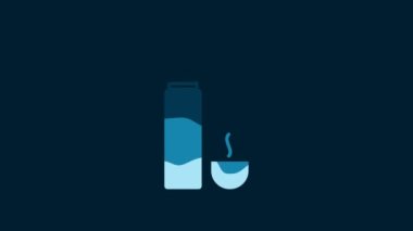 White Thermos container icon isolated on blue background. Thermo flask icon. Camping and hiking equipment. 4K Video motion graphic animation.