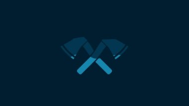 White Crossed wooden axe icon isolated on blue background. Lumberjack axe. 4K Video motion graphic animation.