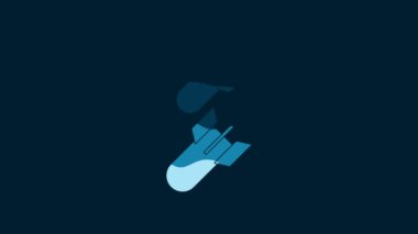 White Aviation bomb icon isolated on blue background. Rocket bomb flies down. 4K Video motion graphic animation.
