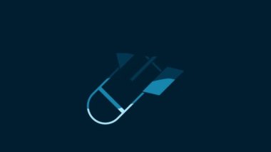 White Aviation bomb icon isolated on blue background. Rocket bomb flies down. 4K Video motion graphic animation.