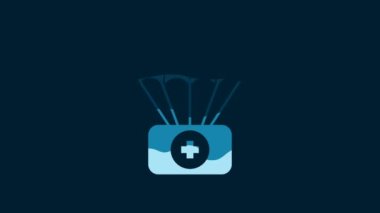 White Parachute with first aid kit icon isolated on blue background. Medical insurance. 4K Video motion graphic animation.