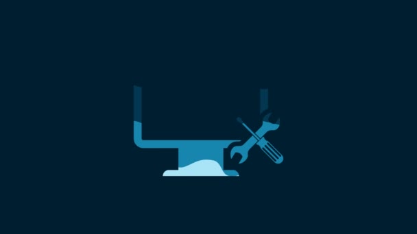 White Computer Monitor Screwdriver Wrench Icon Isolated Blue Background Adjusting — Vídeo de Stock