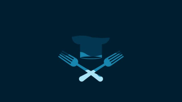 White Chef Hat Crossed Fork Icon Isolated Blue Background Cooking — Stockvideo
