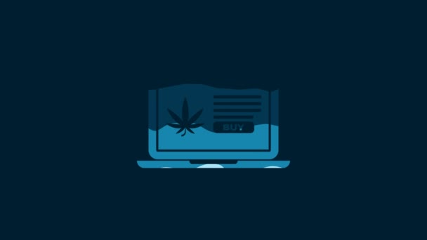 White Laptop Medical Marijuana Cannabis Leaf Icon Isolated Blue Background — Video Stock
