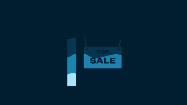 テキスト付きホワイトハンギングサイン青の背景に隔離された販売のためのアイコン 販売のためのテキスト付きの看板 4Kビデオモーショングラフィックアニメーション — ストック動画