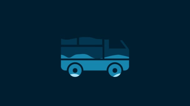 青色の背景に隔離されたアイコンの後ろに段ボール箱とホワイトデリバリートラック 4Kビデオモーショングラフィックアニメーション — ストック動画