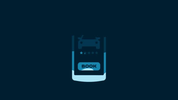 白いオンライン車の共有アイコンは青の背景に隔離された オンラインレンタカーサービス 携帯電話のオンライン予約デザインコンセプト 4Kビデオモーショングラフィックアニメーション — ストック動画