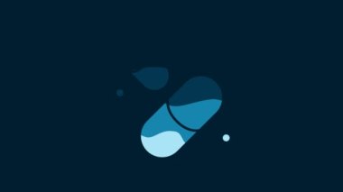 White Vitamin complex of pill capsule icon isolated on blue background. Healthy lifestyle. 4K Video motion graphic animation.