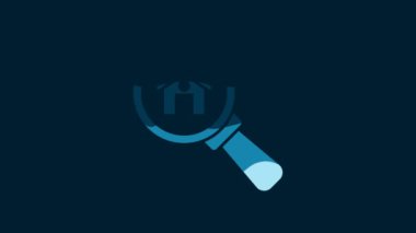 White Search house icon isolated on blue background. Real estate symbol of a house under magnifying glass. 4K Video motion graphic animation.
