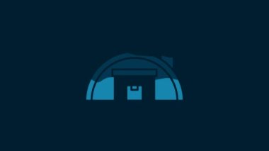 White Warehouse icon isolated on blue background. 4K Video motion graphic animation.