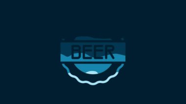 White Bottle cap with inscription beer icon isolated on blue background. 4K Video motion graphic animation.