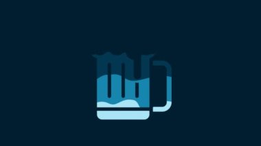 White Wooden beer mug icon isolated on blue background. 4K Video motion graphic animation.