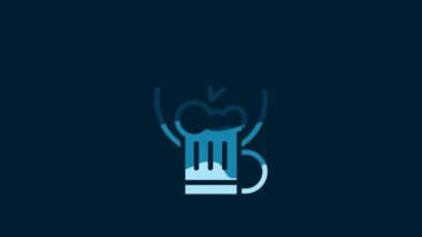 White Happy hour with wooden beer mug icon isolated on blue background. 4K Video motion graphic animation.