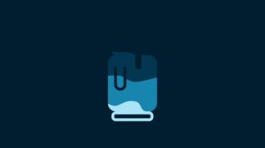 White Beer can with foam icon isolated on blue background. 4K Video motion graphic animation.