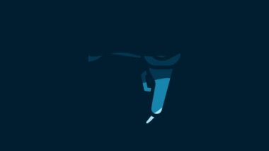 White Hair dryer icon isolated on blue background. Hairdryer sign. Hair drying symbol. Blowing hot air. 4K Video motion graphic animation.