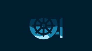 White Dharma wheel icon isolated on blue background. Buddhism religion sign. Dharmachakra symbol. 4K Video motion graphic animation.