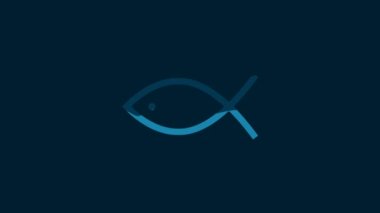 White Christian fish symbol icon isolated on blue background. Jesus fish symbol. 4K Video motion graphic animation.