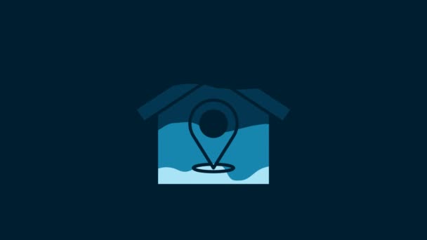 青の背景に家のアイコンが隔離されたホワイトマップポインタ ホームロケーションマーカーシンボル 4Kビデオモーショングラフィックアニメーション — ストック動画