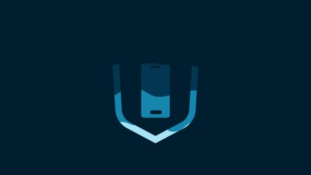 白のスマートフォン 青の背景に隔離されたセキュリティシールドアイコンを持つ携帯電話 セキュリティ 保護の概念 4Kビデオモーショングラフィックアニメーション — ストック動画