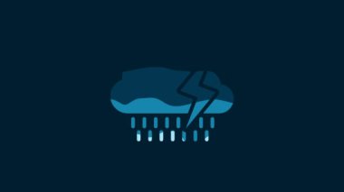 White Cloud with rain and lightning icon isolated on blue background. Rain cloud precipitation with rain drops.Weather icon of storm. 4K Video motion graphic animation.