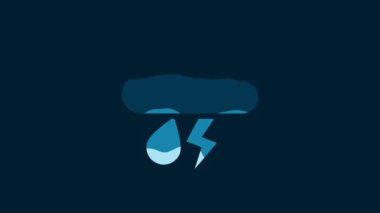 White Cloud with rain and lightning icon isolated on blue background. Rain cloud precipitation with rain drops.Weather icon of storm. 4K Video motion graphic animation.