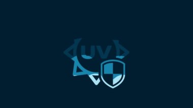 White UV protection icon isolated on blue background. Sun and shield. Ultra violet rays radiation. SPF sun sign. 4K Video motion graphic animation.