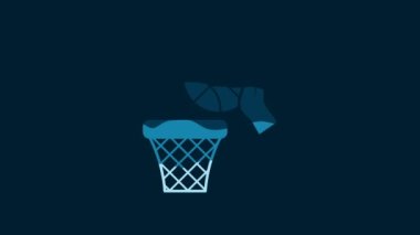 White Hand with basketball ball and basket icon isolated on blue background. Ball in basketball hoop. 4K Video motion graphic animation.