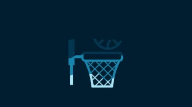 White Basketball ball and basket icon isolated on blue background. Ball in basketball hoop. 4K Video motion graphic animation.