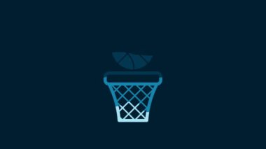White Basketball ball and basket icon isolated on blue background. Ball in basketball hoop. 4K Video motion graphic animation.