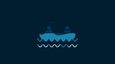 White Boat with oars and people icon isolated on blue background. Water sports, extreme sports, holiday, vacation, team building. 4K Video motion graphic animation.