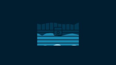 White Antique treasure chest icon isolated on blue background. Vintage wooden chest with golden coin. 4K Video motion graphic animation.