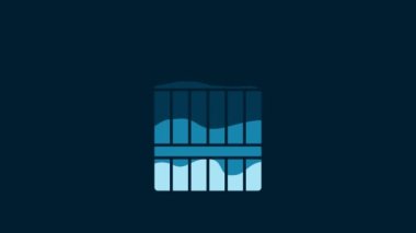 White Wooden barrel icon isolated on blue background. Alcohol barrel, drink container, wooden keg for beer, whiskey, wine. 4K Video motion graphic animation.