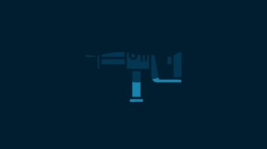 White Electric rotary hammer drill machine icon isolated on blue background. Working tool for construction, finishing, repair work. 4K Video motion graphic animation.