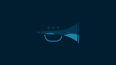 White Musical instrument trumpet icon isolated on blue background. 4K Video motion graphic animation.