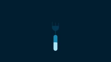 White Sausage on the fork icon isolated on blue background. Grilled sausage and aroma sign. 4K Video motion graphic animation.