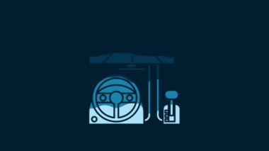 White Racing simulator cockpit icon isolated on blue background. Gaming accessory. Gadget for driving simulation game. 4K Video motion graphic animation.